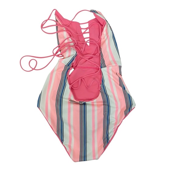 Maaji Reversible Swimsuit Pink Striped Lace Up - Picture 3 of 6